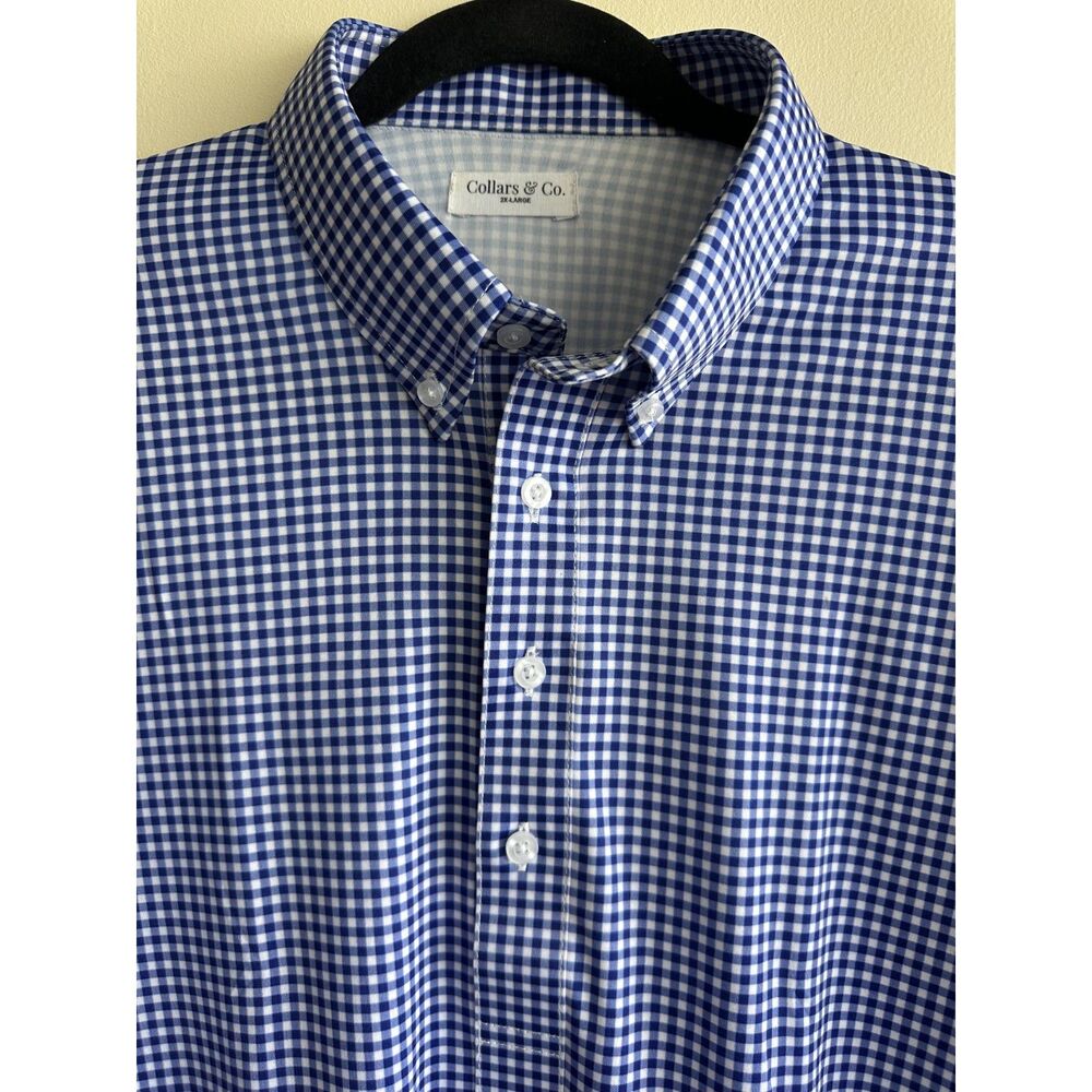 Collars & Co Dress Collar Polo 2XL Blue White Gingham Performance Shirt